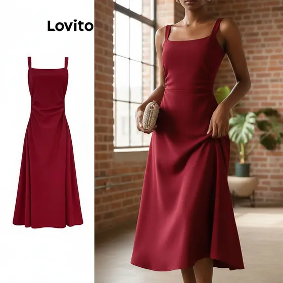 Lovito Vestido Feminino Elegante Liso Plissado LNM83179\4