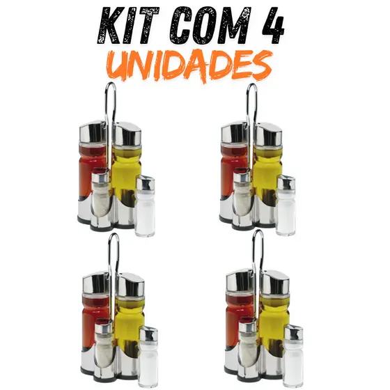 Kit 4 Galheteiro Bar Restaurante 5 Peças C/ Suporte Saleiro