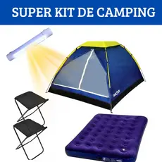 Kit Completo de Camping Colchão Inflável de Casal + Barraca + 2 Banquetas + Luminária