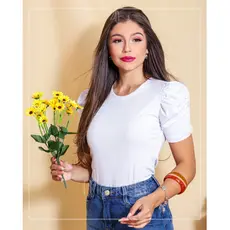 Blusa Feminina em Malha Canelada com Manga Franzida Branca Casual