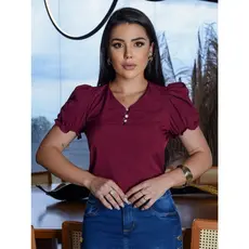 Blusa Feminina Social Manga Curta em Musseline Marsala Tecido Leve
