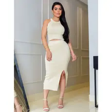 Conjunto Liso em Malha Modal Blusa Regata Assimétrica com Saia Midi