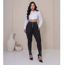 Calça Feminina Montaria Cintura Alta com Bolsos e Três Zíper Tendência