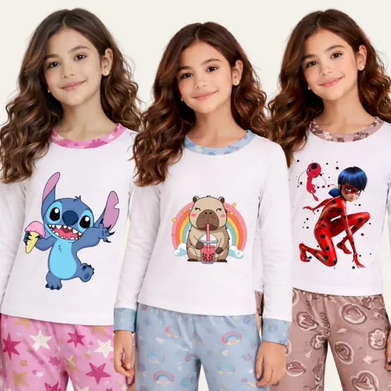 Conjunto Pijama Infantil Inverno Menina Vários Personagens Frio Inverno