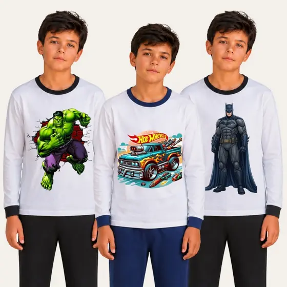 Pijama Infantil Masculino Inverno Quente Estampa Divertida Suede Longo