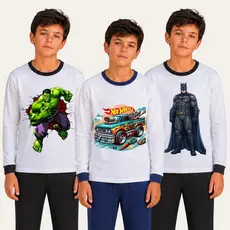 Pijama Infantil Masculino Inverno Quente Estampa Divertida Suede Longo
