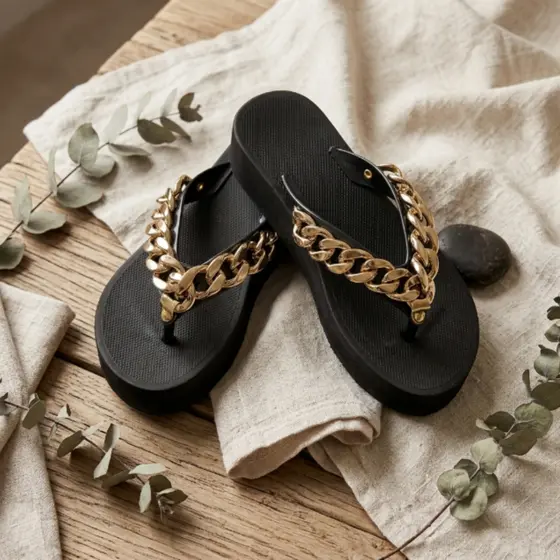 Chinelo dedo Feminino plataforma tamanco Corrente dourada sola alta luxo confortável