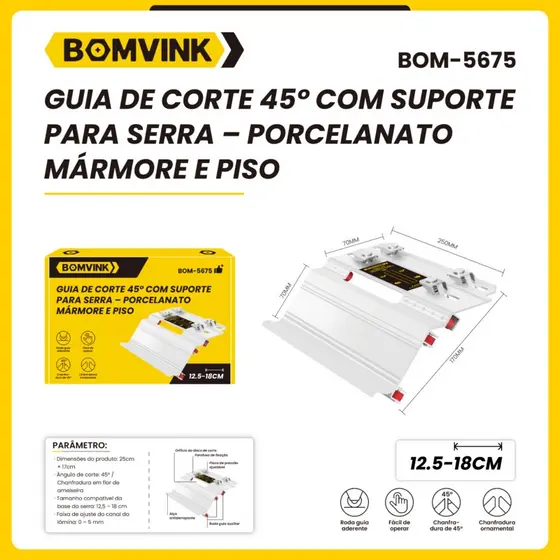 Guia de Corte 45 graus c/ Suporte p/ Serra - Porcelanato, Mármore e Piso - Bomvink