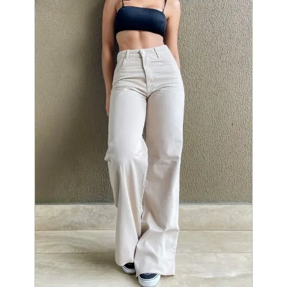 Calça Jeans Feminina Wide Leg Cintura Alta Tecido Grosso Pantalona Linha Premium 100% Algodão
