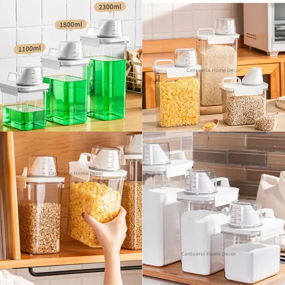 Dispenser Porta Sabão Líquido ou Pó Cereais Arroz Feijão com Copo Medidor Organizador Cozinha