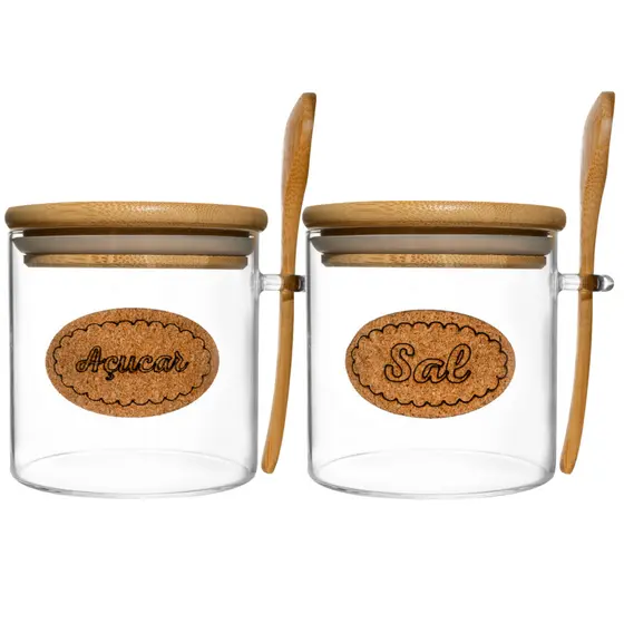 Kit Saleiro e Açucareiro Vidro Borossilicato 400ml Hermético 2 Peças Organização Cozinha