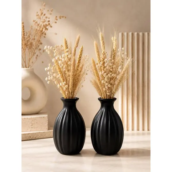 Dupla de Mini Vasos Decorativas Preto de Cerâmica Com 8cm de Altura