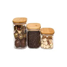 Kit 3 potes de vidro herméticos com tampa de bambu quadrado pequeno 200 ml 250ml 300 ml