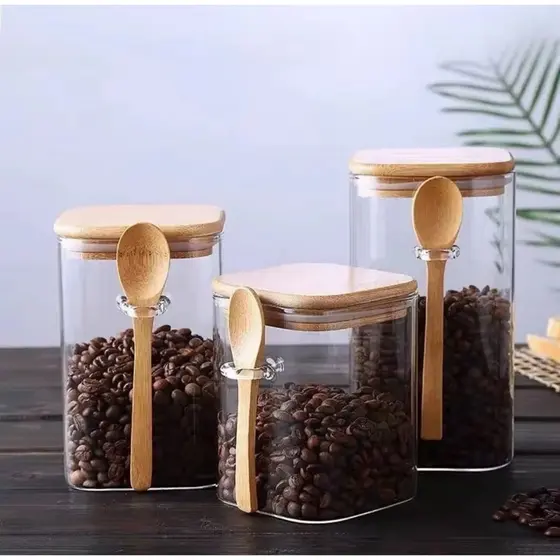 3 Potes Vidro Borossilicato [Quadrado]450ml 550ml 650 ml Com Tampa e Colher de Bambu