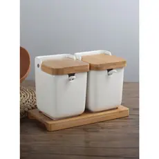 Kit Saleiro Açucareiro com Base e Colheres em Bambu