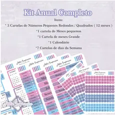 Kit Anual Completo - Adesivos de planejamento - Semana, meses, calendário e números ( 13 Cartelas )