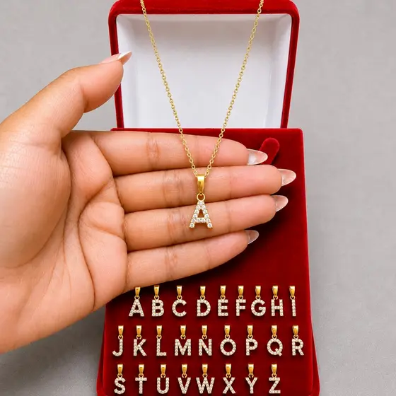 Kit Corrente cordão Colar elo português dourado 2mm + Pingente letra personalizada 3d cravejada alto relevo não descasca
