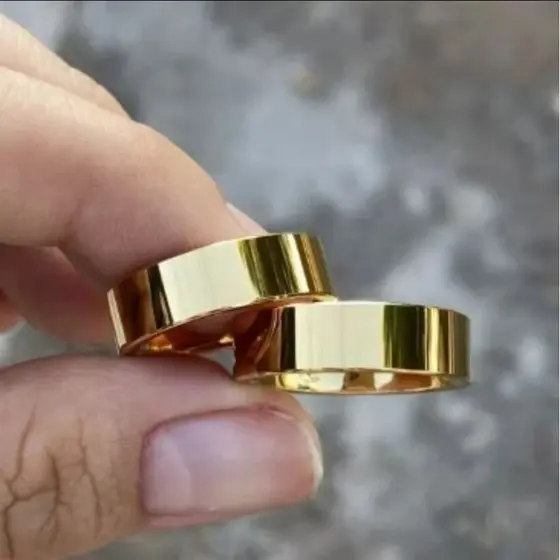 Par de alianças de casamento 4mm fina reta simples moeda antiga + anel solitario 100% em moeda cor de ouro 18k