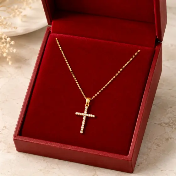 Colar Cordão Feminino Cor identico ouro 18k + Pingente Cruz Cravejada | Não Descasca | Garantia Vitalicia