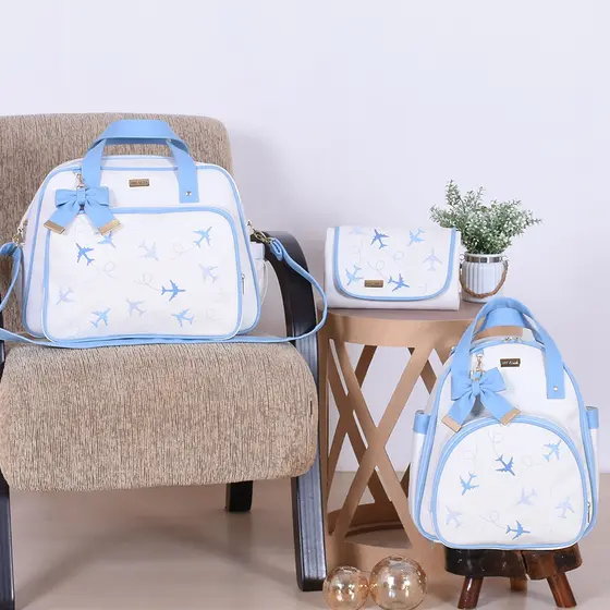 Kit Bolsa Maternidade Aviãozinho Off/Azul - 03 Peças