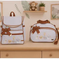 Kit Bolsa Maternidade Linho Safári Luxo Mochila Bolsa Passeio - 02 Peças