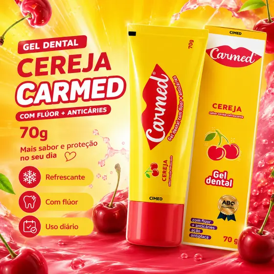 GEL DENTAL CEREJA CARMED COM FLÚOR + ANTICÁRIES 70g