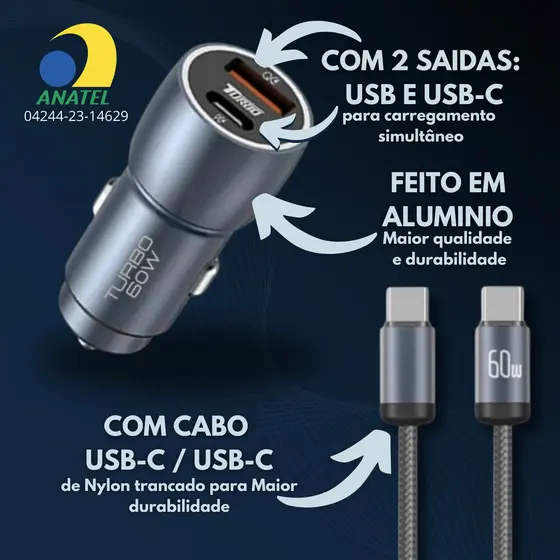 KIT CARREGADOR VEICULAR COM CABO TIPO C CJ13-3 A'GOLD