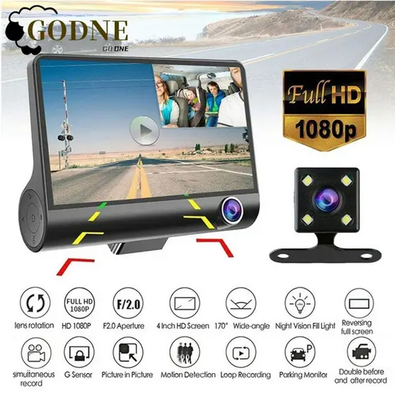Câmera De Painel De 3 Lentes GODNESSFO , Full HD 170 ° Gravador DVR De Carro Grande Angular , Traseira Com Sensor G 1080