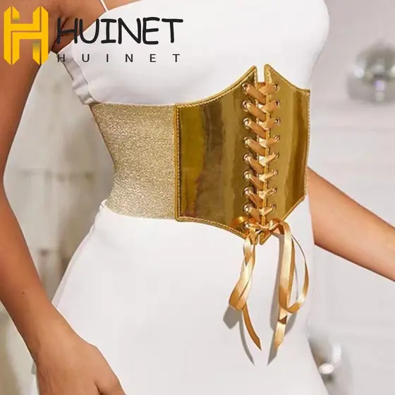 HUINET Ouro Cummerbunds , Couro Do Plutônio Elástico Feminino Cintura , Vestido De Alta Cinto Largo