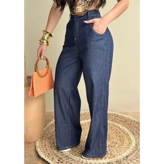 PANTALONA CAL脟A FEMININA WIDE LEG JEANS ESCURO CINTURA ALTA COM ELASTICO E COS