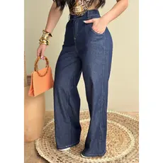 PANTALONA CALÇA FEMININA WIDE LEG JEANS ESCURO CINTURA ALTA COM ELASTICO E COS