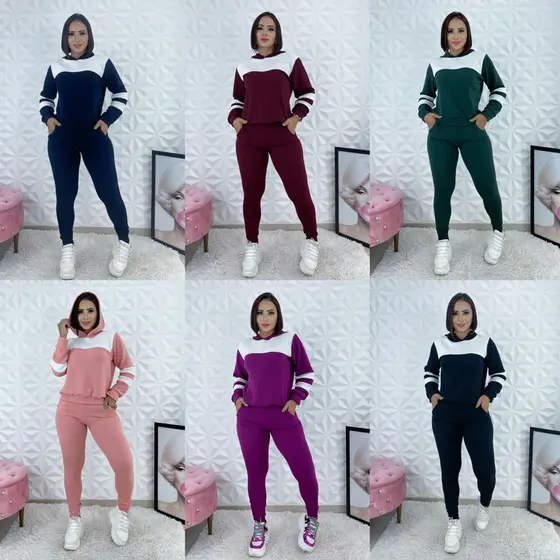 Conjunto Moletom de Frio Feminino de Malha Crepe Manga Longa Inverno com Capuz e Listras