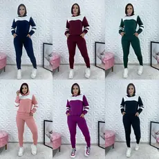 Conjunto  Moletom de Frio Feminino de Malha Crepe Manga Longa Inverno com Capuz e Listras