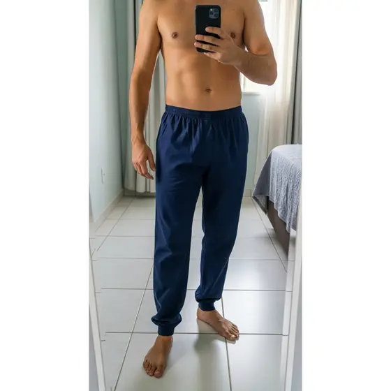 Calça de pijama masculina 100% algodão antialérgica com punho ajustado frio inverno