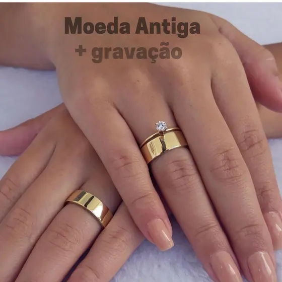Par Aliança Reta 5mm Moeda Antiga + Anel Solitário + Nome GRAVADO