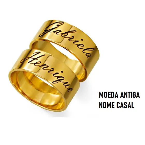 Par Aliança Reta Casamento MOEDA ANTIGA + NOMES