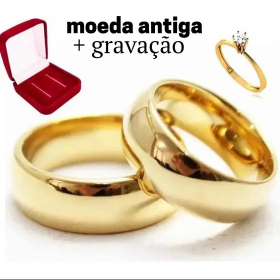 COMBO Par Aliança 6mm + Anel Solitário + Caixinha + Nome GRAVADO / Aliança Moeda Antiga