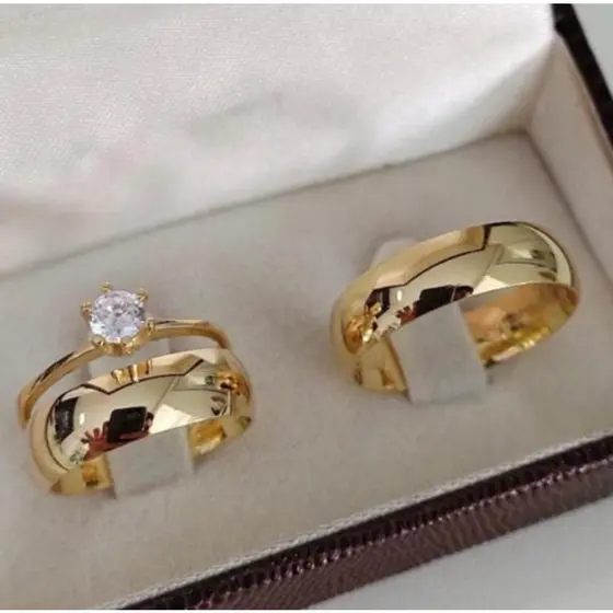 Par Aliança Moeda Antiga Casamento + Anel Solitário