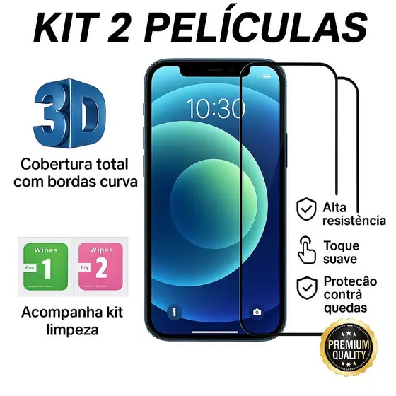 Kit 2 Pelicula de Vidro Temperado 3D Película Iphone XR 11 12 13 14 15 16e 17 17e Air Pro Max Plus