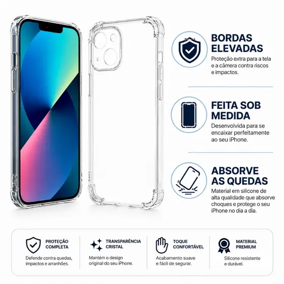 Capa Capinha Anti Impacto iPhone Silicone Transparente Absorve Quedas Proteção Reforçada para Apple