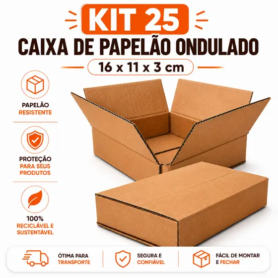 Kit 25 Caixas de Papelão Ondulado 16x11x3 Caixa de Envio Correio Sedex E-commerce Pac