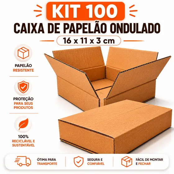 Kit 100 Caixas de Papelão Ondulado 16x11x3 Caixa de Envio Correio Sedex E-commerce Pac