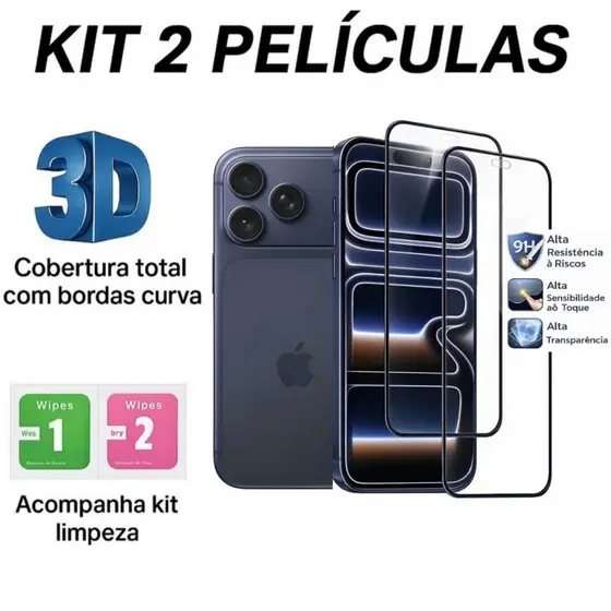 Kit 2 Pelicula de Vidro Temperado 3D Película Iphone 17 Air Pro Max Plus