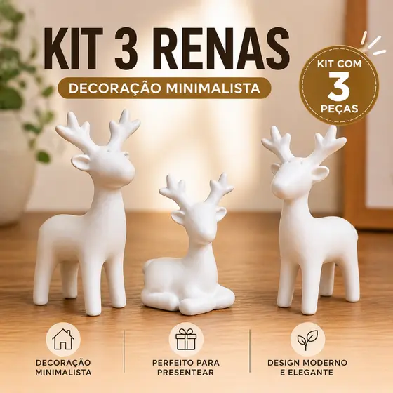 Kit 3 Renas Decorativas Minimalistas Cervo Enfeite Sala Quarto Decoração Moderna