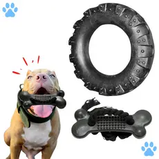 Kit Brinquedo Mordedor para Cachorro Pneu G + Osso Ossinho Massageador Grande Black com Corda