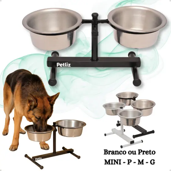 Comedouro Regulável Duplo Elevado Alto Ajustável pra Cachorro Gato Filhotes Vários Tamanhos - Petliz