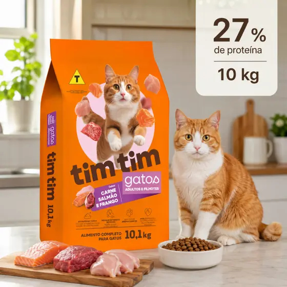 Ração para Gatos Filhotes e Adultos 27% Proteína Tim Tim Cat Sabor Carne Salmão e Frango 10 Kg