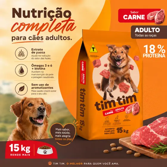 Ração para Cachorro Cães Adultos 18% Proteína Tim Tim Dog Sabor Carne 15 Kg