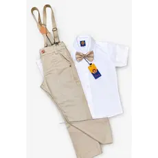 Conjunto batizado menino roupa social infantil camisa manga curta criança calça sarja bege suspensório gravata trajes