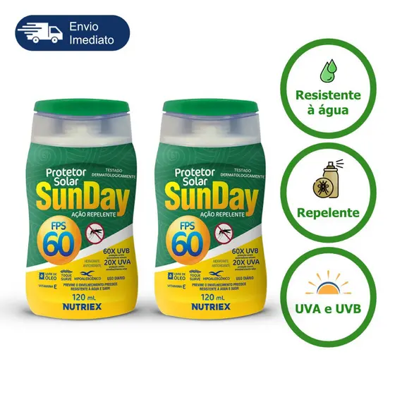 Kit 2 Protetor Solar com Repelente 60 Fps 120 Ml Sunday - Proteção à Pele Contra Raios UVA/UVB e Insetos